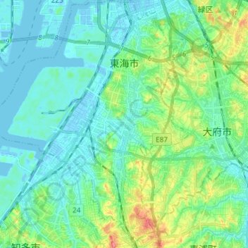 Топографическая карта 東海市, высота, рельеф