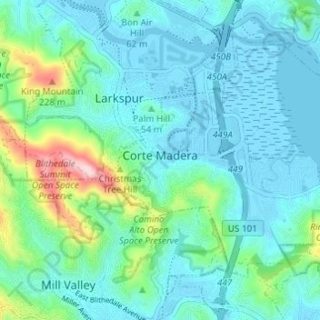 Топографическая карта Corte Madera, высота, рельеф