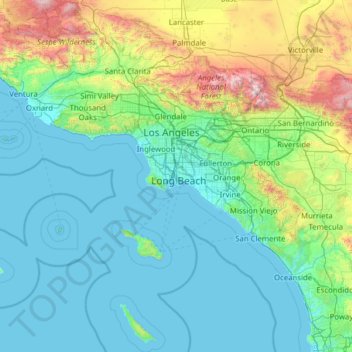 Топографическая карта Los Angeles County, высота, рельеф