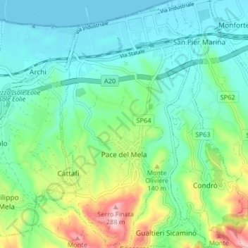 Топографическая карта Pace del Mela, высота, рельеф