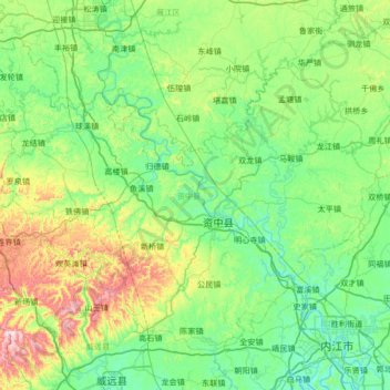 Топографическая карта Zizhong County, высота, рельеф