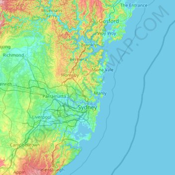 Топографическая карта Сидней, высота, рельеф