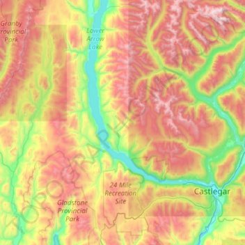 Топографическая карта Area J (Lower Arrow/Columbia), высота, рельеф