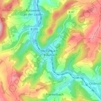 Топографическая карта Kreimbach-Kaulbach, высота, рельеф
