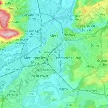 Топографическая карта Metz, высота, рельеф