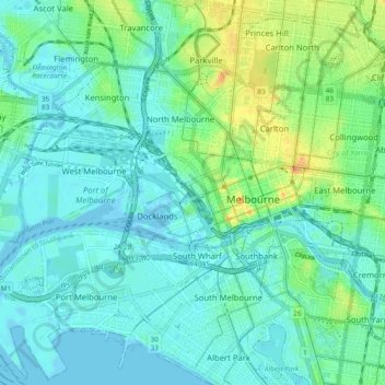 Топографическая карта City of Melbourne, высота, рельеф