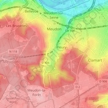 Топографическая карта Meudon, высота, рельеф