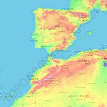 Топографическая карта Испания, высота, рельеф