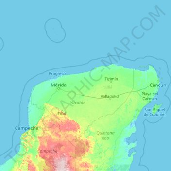 Топографическая карта Юкатан, высота, рельеф