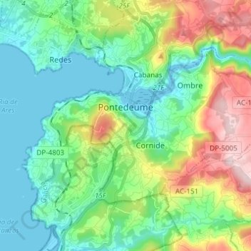 Топографическая карта Pontedeume, высота, рельеф