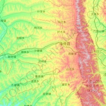 Топографическая карта 隆德县, высота, рельеф