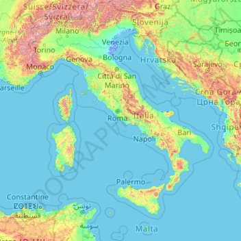 Топографическая карта Италия, высота, рельеф
