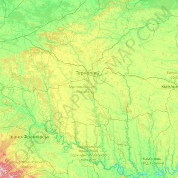 Топографическая карта Тернопольская область, высота, рельеф