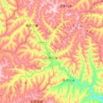 Топографическая карта 义岗川镇, высота, рельеф