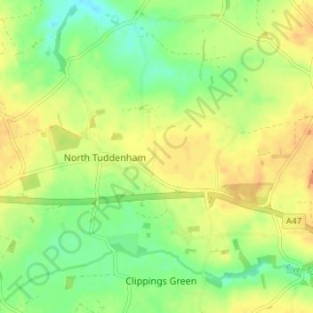 Топографическая карта North Tuddenham, высота, рельеф