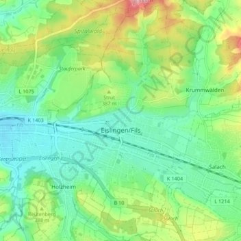 Топографическая карта Eislingen/Fils, высота, рельеф