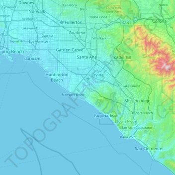 Топографическая карта Orange County, высота, рельеф