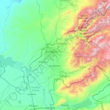 Топографическая карта Ташкентская область, высота, рельеф