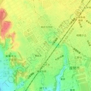 Топографическая карта 相模原市南区相武台三丁目, высота, рельеф