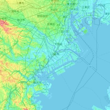 Топографическая карта 川崎市, высота, рельеф