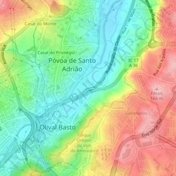 Топографическая карта Póvoa de Santo Adrião e Olival Basto, высота, рельеф