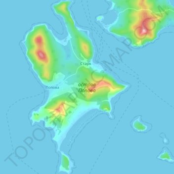 Топографическая карта остров Попова, высота, рельеф