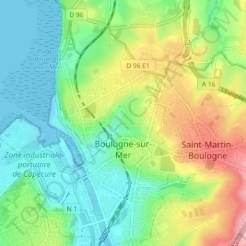 Топографическая карта Boulogne-sur-Mer, высота, рельеф