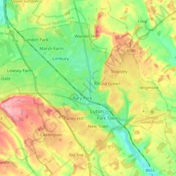 Топографическая карта Borough of Luton, высота, рельеф