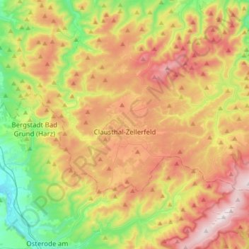 Топографическая карта Clausthal-Zellerfeld, высота, рельеф