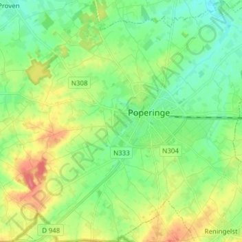 Топографическая карта Poperinge, высота, рельеф