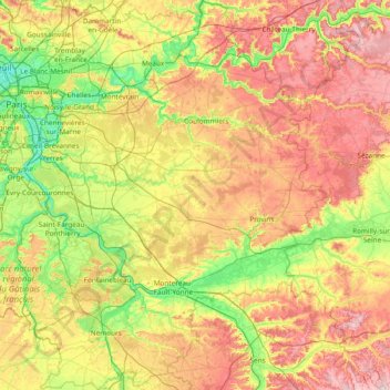 Топографическая карта Сена и Марна, высота, рельеф