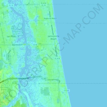 Топографическая карта Jacksonville Beach, высота, рельеф