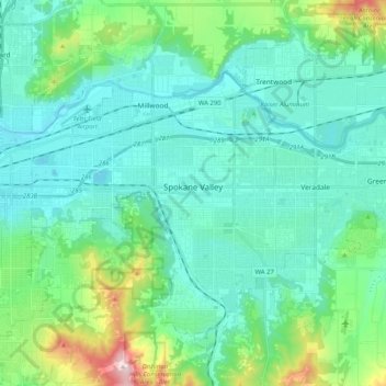 Топографическая карта Spokane Valley, высота, рельеф