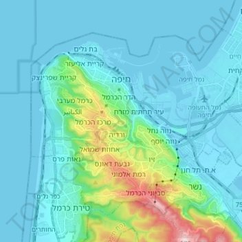 Топографическая карта Хайфа, высота, рельеф