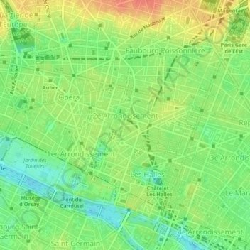 Топографическая карта Paris 2e Arrondissement, высота, рельеф