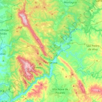 Топографическая карта Penacova, высота, рельеф