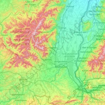 Топографическая карта Haut-Rhin, высота, рельеф