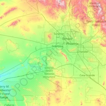 Топографическая карта Maricopa County, высота, рельеф