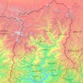 Топографическая карта Sikkim, высота, рельеф