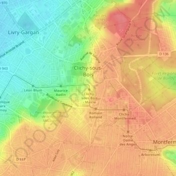 Топографическая карта Clichy-sous-Bois, высота, рельеф