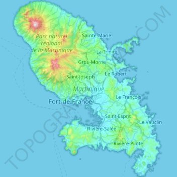 Топографическая карта Мартиника, высота, рельеф