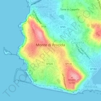 Топографическая карта Monte di Procida, высота, рельеф