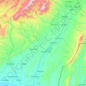 Топографическая карта Кумкурганский район, высота, рельеф