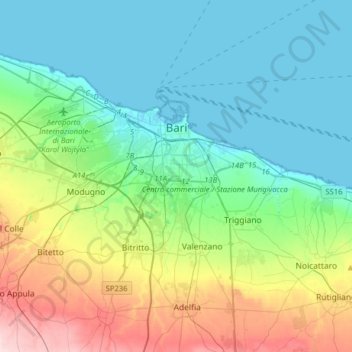 Топографическая карта Bari, высота, рельеф