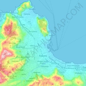 Топографическая карта Палермо, высота, рельеф