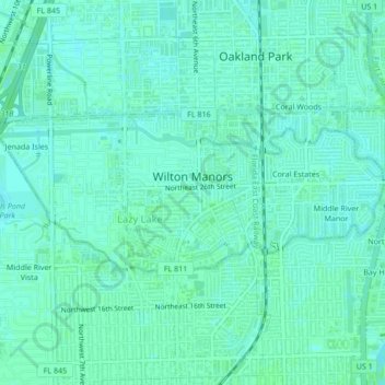 Топографическая карта Wilton Manors, высота, рельеф