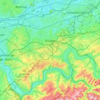 Топографическая карта Эссен, высота, рельеф