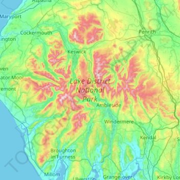Топографическая карта Lake District National Park, высота, рельеф