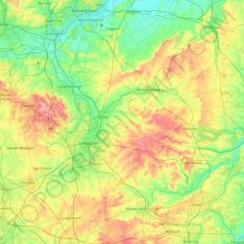 Топографическая карта Leicestershire, высота, рельеф