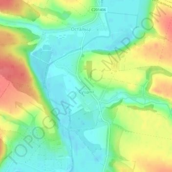 Топографическая карта Сущин, высота, рельеф